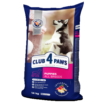 Hrană uscată pentru caței, toate rasele, CLUB 4 PAWS DRY FOOD, CU CONȚINUT RIDICAT DE PUI, 14 kg