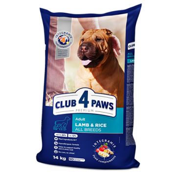 Hrană uscată pentru câini adulți CLUB 4 PAWS DRY FOOD, miel si orez, 14 kg