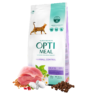 Hrana uscata pentru pisici adulte, Super Premium OPTIMEAL DRY FOOD, eliminarea ghemotoacelor, rata, 10 kg