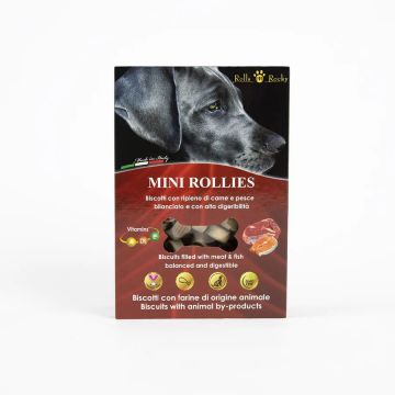 Recompense crocante pentru caini ROLLS ROCKY MINI Rollies, biscuiti cu carne, 300g