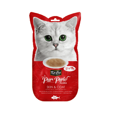 Recompense lichde pentru pisici Kit Cat Purr Puree Plus+ Skin & Coat , ton si ulei de peste, 4x15g