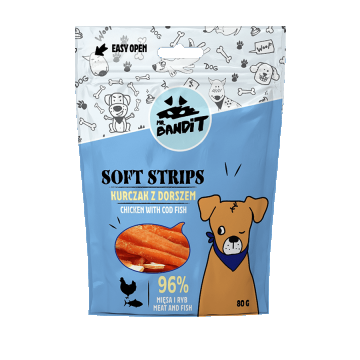 Recompense pentru caini Mr. Bandit SOFT STRIPS, pui si cod, 80 g