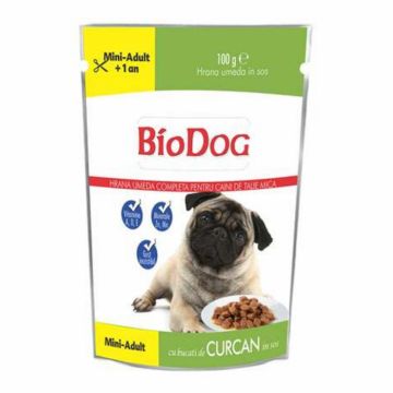 Hrana umeda pentru caini Biodog Mini Adult cu curcan in sos 100 gr Hrana umeda pentru caini Biodog Mini Adult cu curcan in sos 100 gr