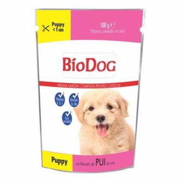 Hrana umeda pentru catelusi Biodog Puppy cu pui in sos 100 gr Hrana umeda pentru catelusi Biodog Puppy cu pui in sos 100 gr