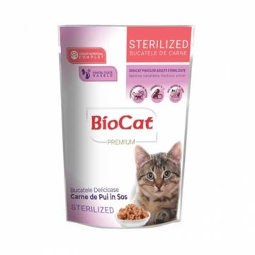 Hrana umeda pentru pisici Biocat Sterilised cu pui in sos 85 gr Hrana umeda pentru pisici Biocat Sterilised cu pui in sos 85 gr