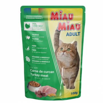 Hrana umeda pentru pisici Miau Miau cu curcan in sos 100 gr Hrana umeda pentru pisici Miau Miau cu curcan in sos 100 gr
