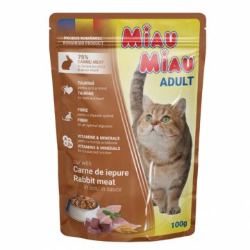 Hrana umeda pentru pisici Miau Miau cu iepure in sos 100 gr Hrana umeda pentru pisici Miau Miau cu iepure in sos 100 gr