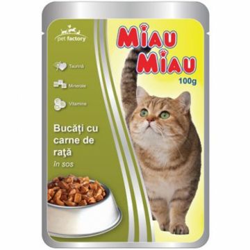 Hrana umeda pentru pisici Miau Miau cu rata in sos 100 gr Hrana umeda pentru pisici Miau Miau cu rata in sos 100 gr
