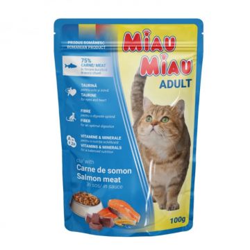 Hrana umeda pentru pisici Miau Miau cu somon in sos 100 gr Hrana umeda pentru pisici Miau Miau cu somon in sos 100 gr