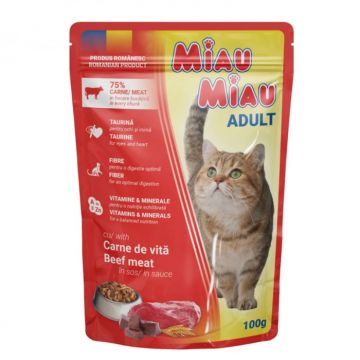 Hrana umeda pentru pisici Miau Miau cu vita in sos 100 gr Hrana umeda pentru pisici Miau Miau cu vita in sos 100 gr