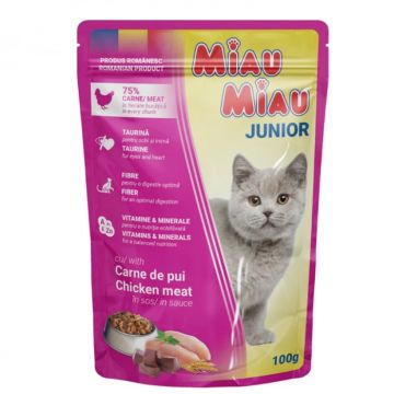 Hrana umeda pentru pisici Miau Miau Kitten cu pui 100 gr Hrana umeda pentru pisici Miau Miau Kitten cu pui 100 gr
