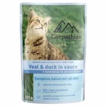 Hrana umeda pentru pisici Carpathian cu vitel rata 100 gr Hrana umeda pentru pisici Carpathian cu vitel rata 100 gr